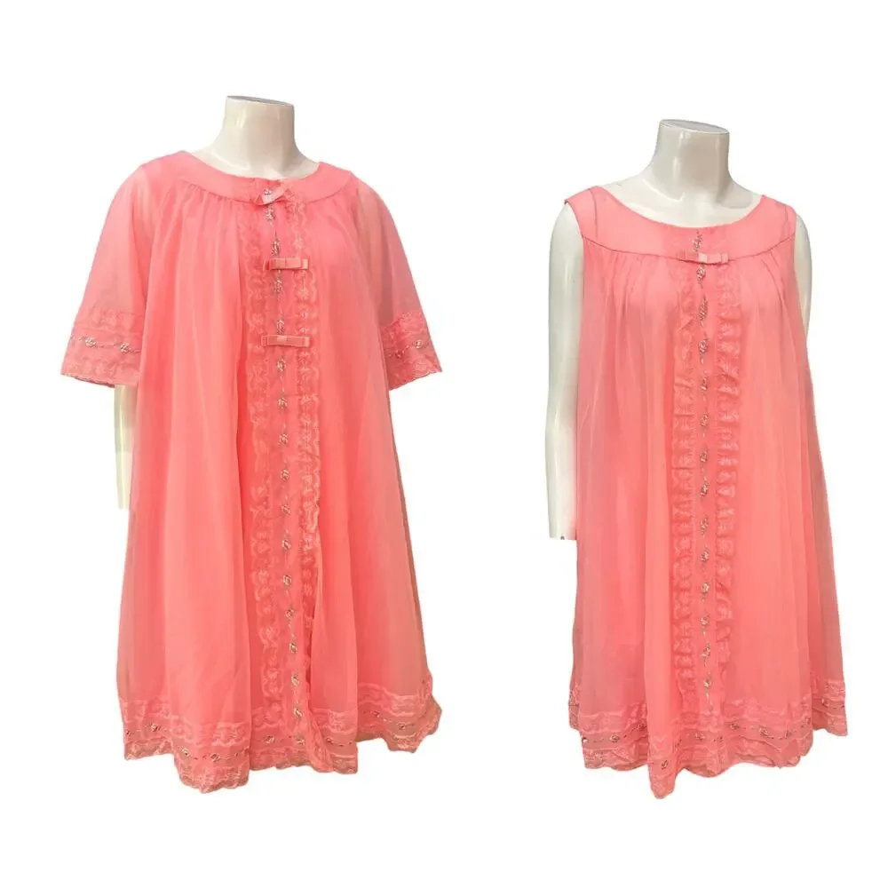 Vintage 1960s Pink Lace Nylon Floral Peignoir Robe Nightgown Set M -